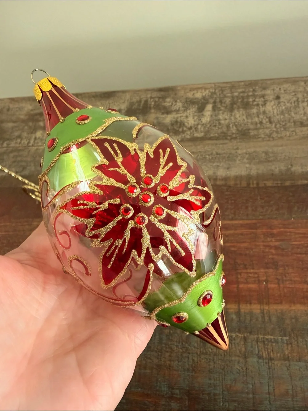 Vintage Style Glass Teardrop Poinsettia Christmas Ornament JS Mark- Excel. Cond.